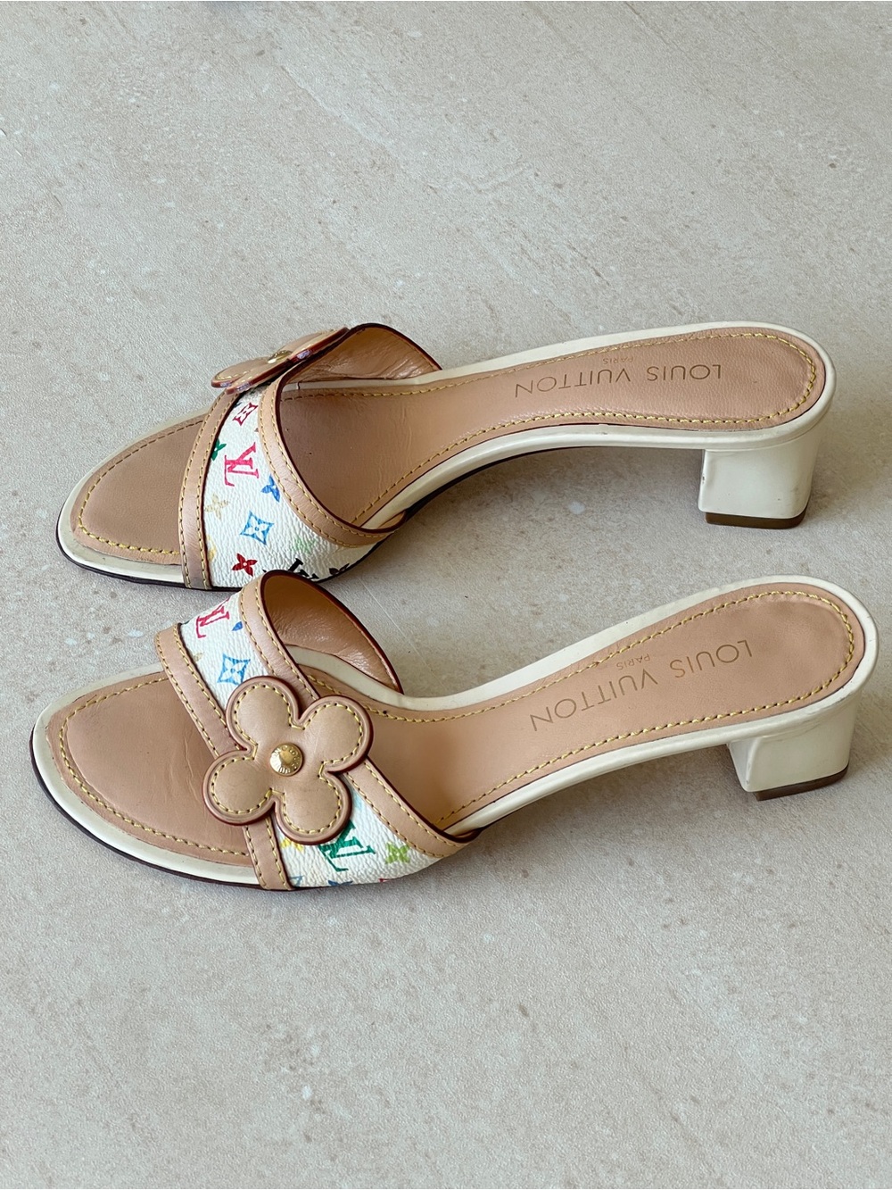 Louis Vuitton Beige Multicolor Monogram Flower Slide Mules - Picture 4 of 10